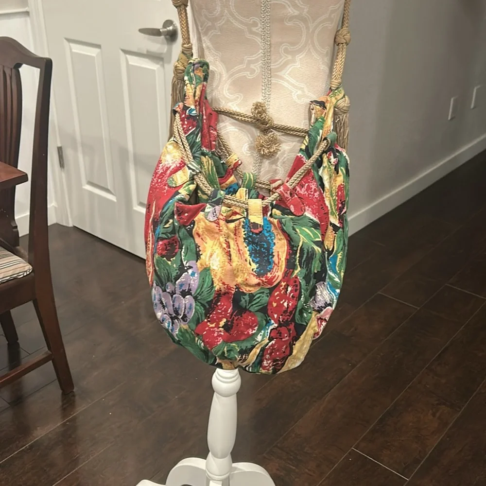 Bottega Venetta Floral Fruit Print Multicolor Canvas Boho Crossbody Purse RARE